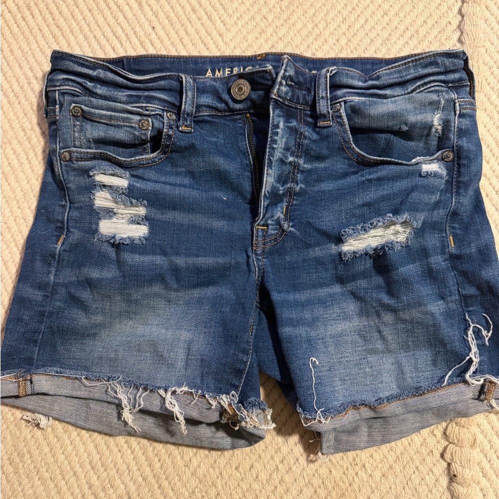 American Eagle Outfitters Women's Dark Blue Ripped Jean Shorts